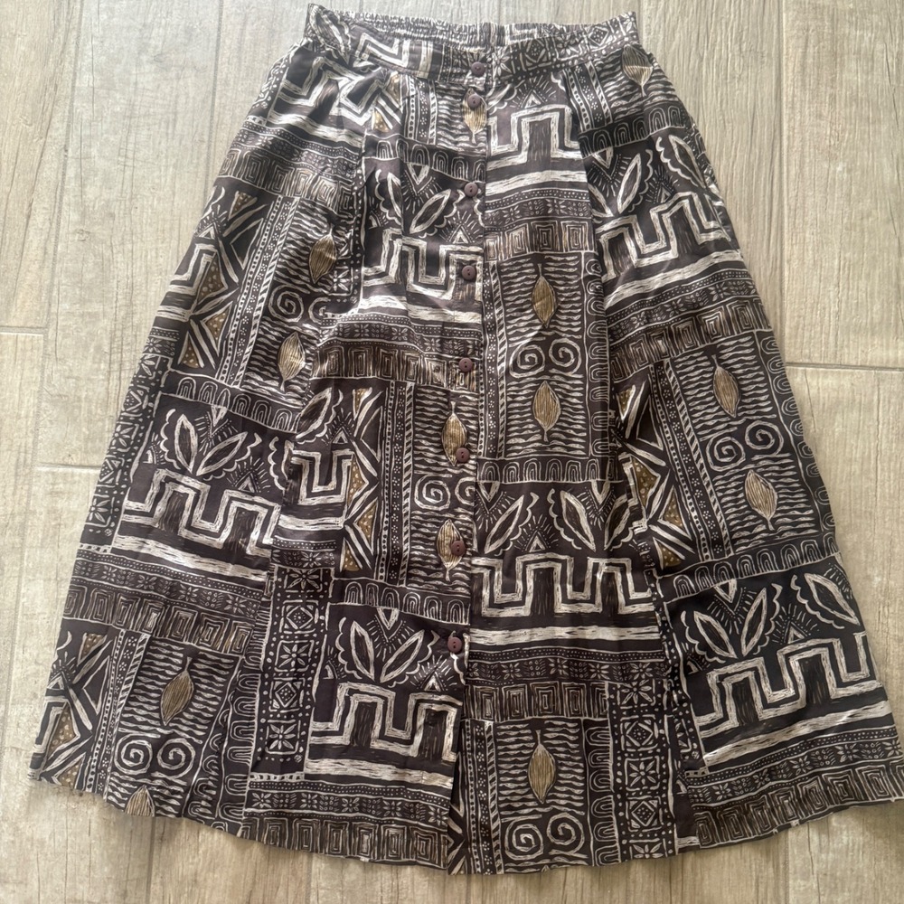Anna and Frank Brown Geometric Silk Button Front Midi Skirt‎ Size L Elastic Back